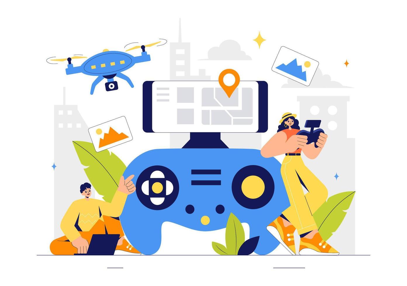 Flying Drone Illustration Capturing Photos and Videos from Above in a Flat Style Background vector