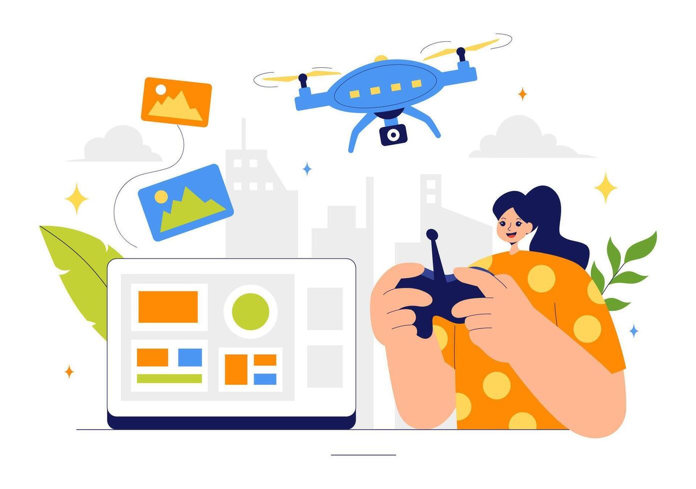 Quadcopter Drone Flying Above for Photography and Recording in a Flat Cartoon Background vector