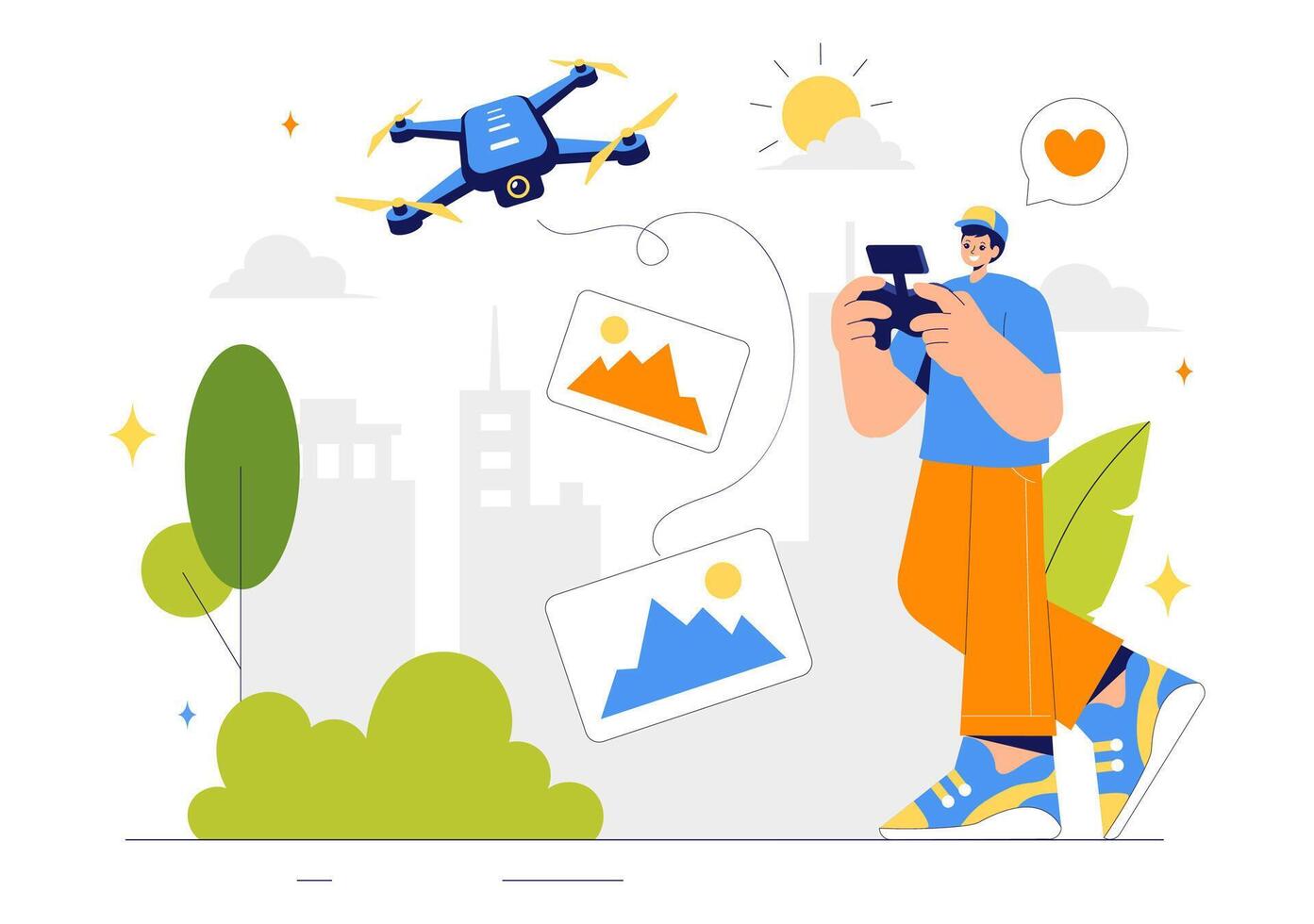 Aerial Drone Photography Illustration with Remote Control and Camera in a Flat Cartoon Background vector