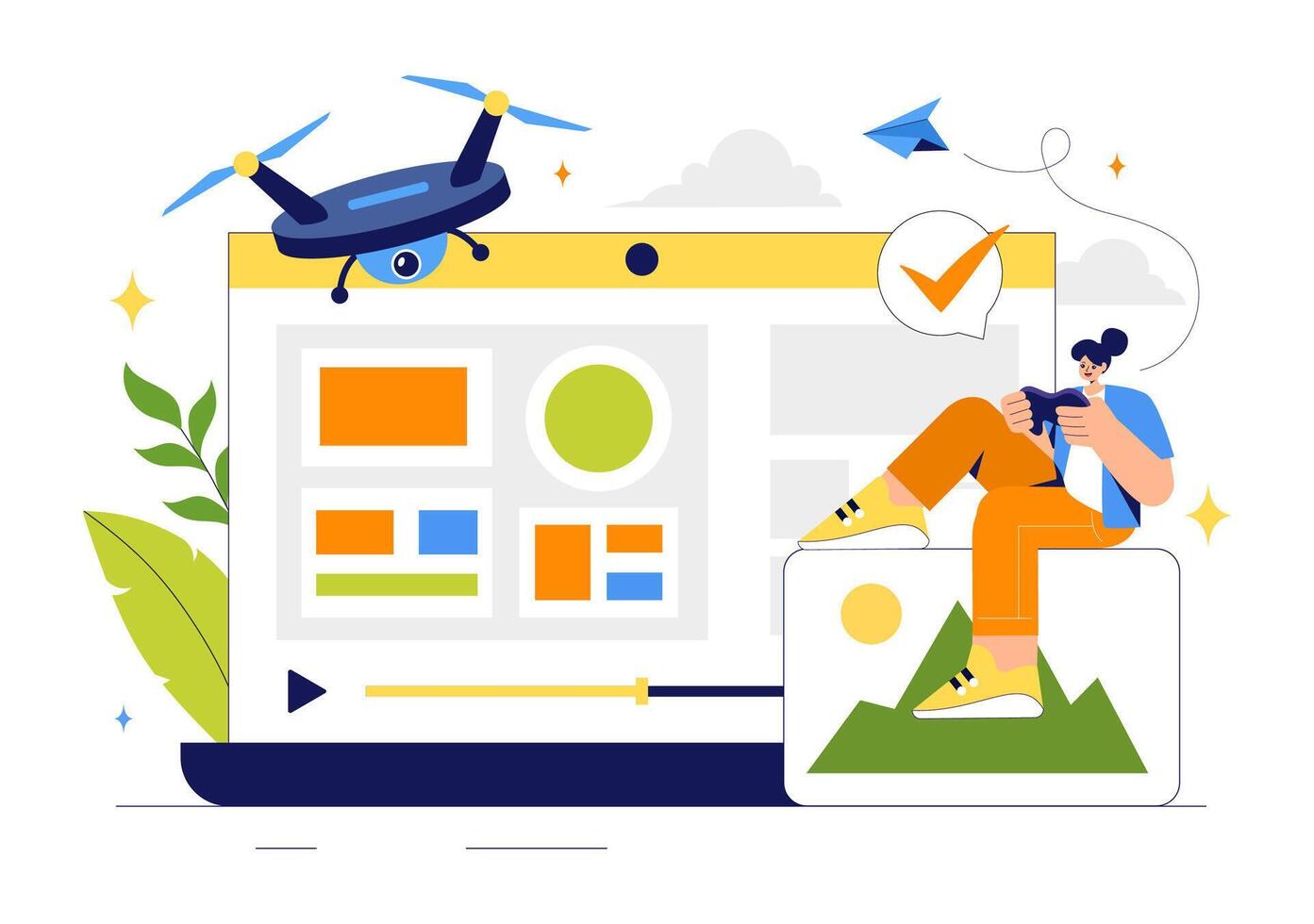 Aerial View Drone with Camera Illustration for Filming and Surveying in a Flat Cartoon Style vector
