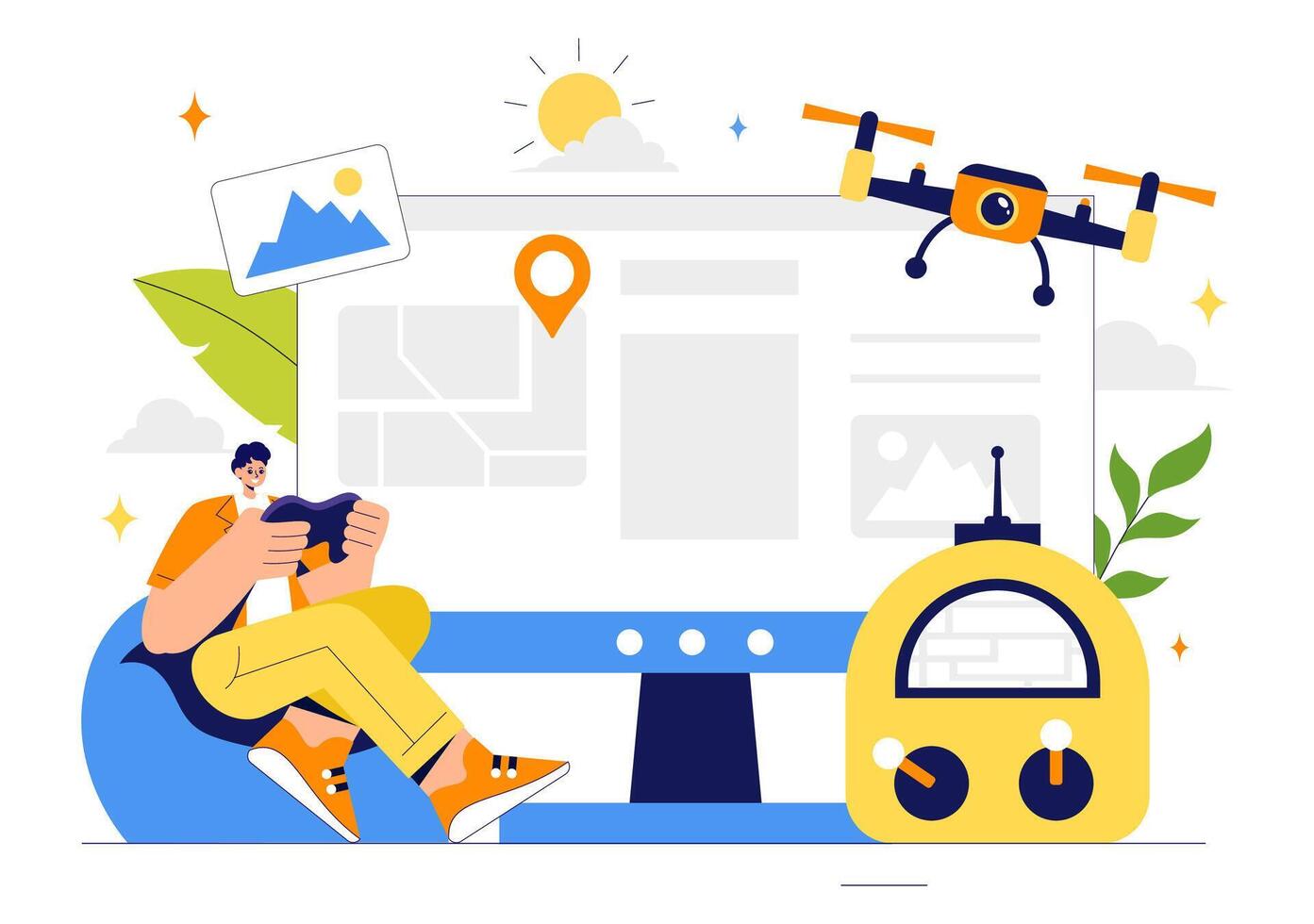 Modern Drone with Remote Controller Flying Above for Aerial Imaging in a Cartoon Background vector
