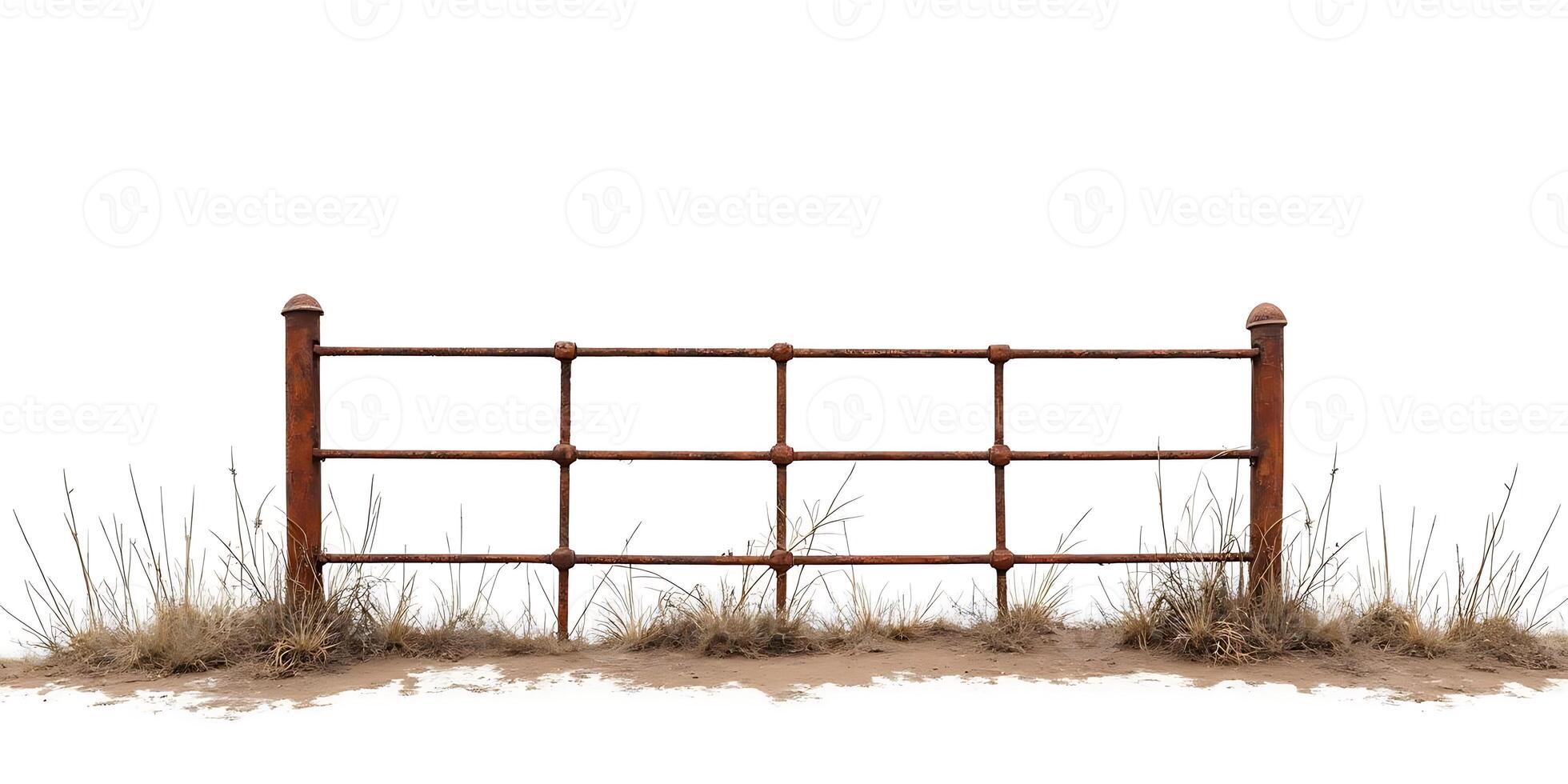 Rusty Metal Fence with Winter Grass Landscape Image photo