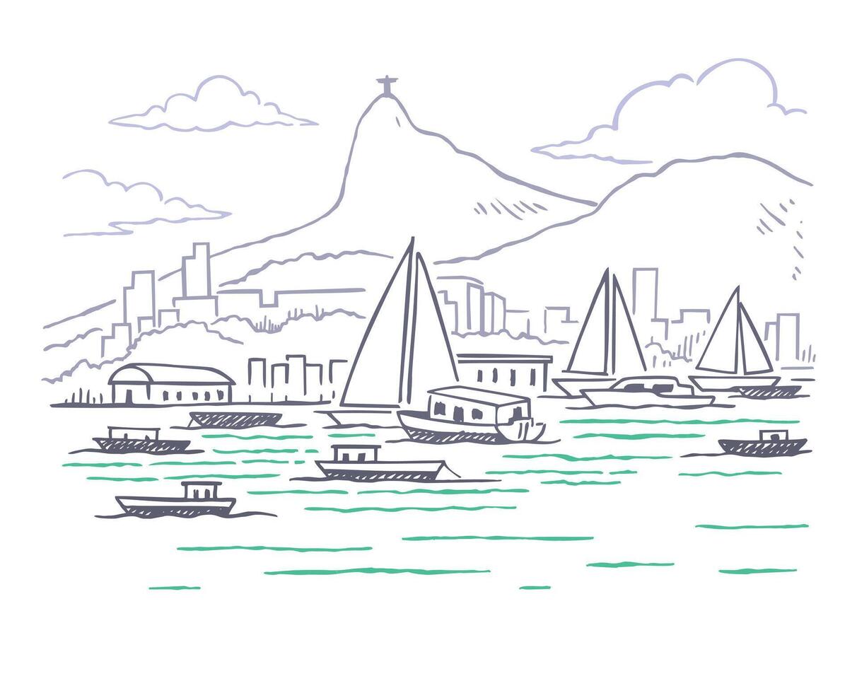 Drawing in light and delicate lines of the coastal landscape of the city of Rio de Janeiro, Brazil. vector