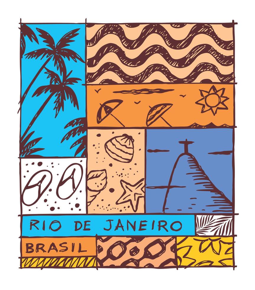 Freehand and stylized drawing of landmarks in the city of Rio de Janeiro, Brazil. Hand-drawn art in artistic lines. vector