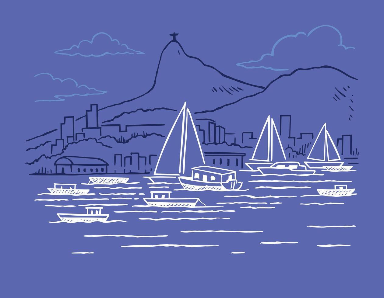 Drawing in light and delicate lines of the coastal landscape of the city of Rio de Janeiro, Brazil. Art for printing on t-shirts, decoration and other uses. vector