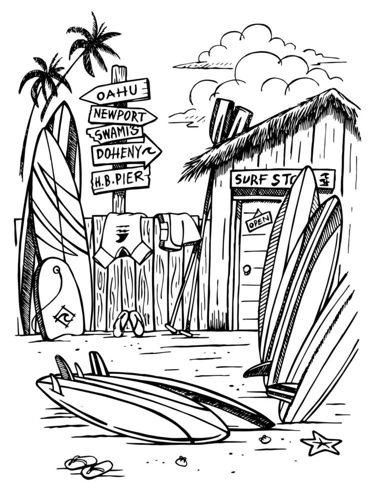 Hand drawn illustration of a beach and surfing landscape. Art in free and simple lines. vector