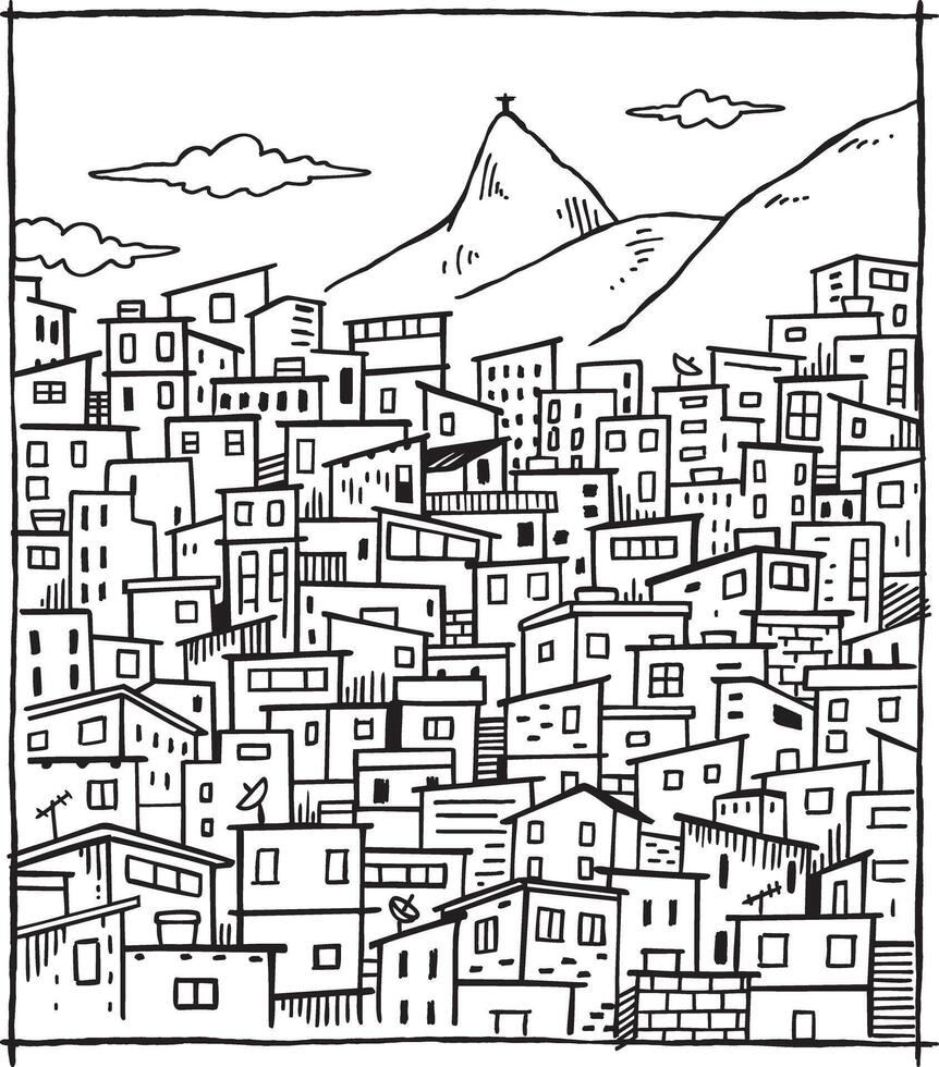 Drawing with simple and uncluttered lines of a favela landscape in the city of Rio de Janeiro, Brazil. vector