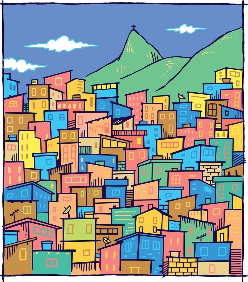 Drawing with simple and uncluttered lines of a favela landscape in the city of Rio de Janeiro, Brazil. Multicolored art bringing a tropical and cheerful atmosphere. vector