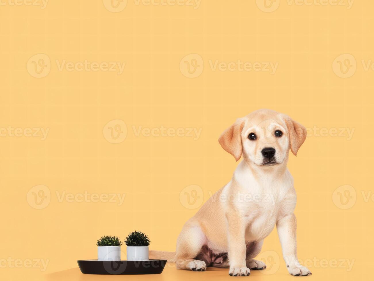 A cute puppy sitting beside plant pot on bright yellow background, showcasing its playful nature and innocence photo