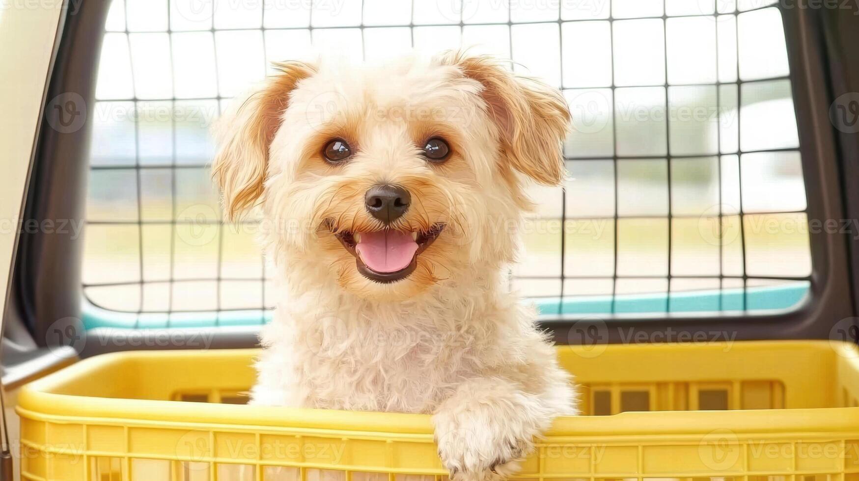 cheerful dog sitting in stylish pet carrier, enjoying sunny day. dog playful expression and fluffy fur create joyful atmosphere photo