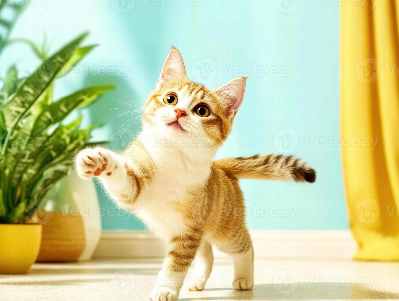 cat playfully exploring sunlit living room with vibrant decor and plants. Its curious expression adds joyful atmosphere to scene photo