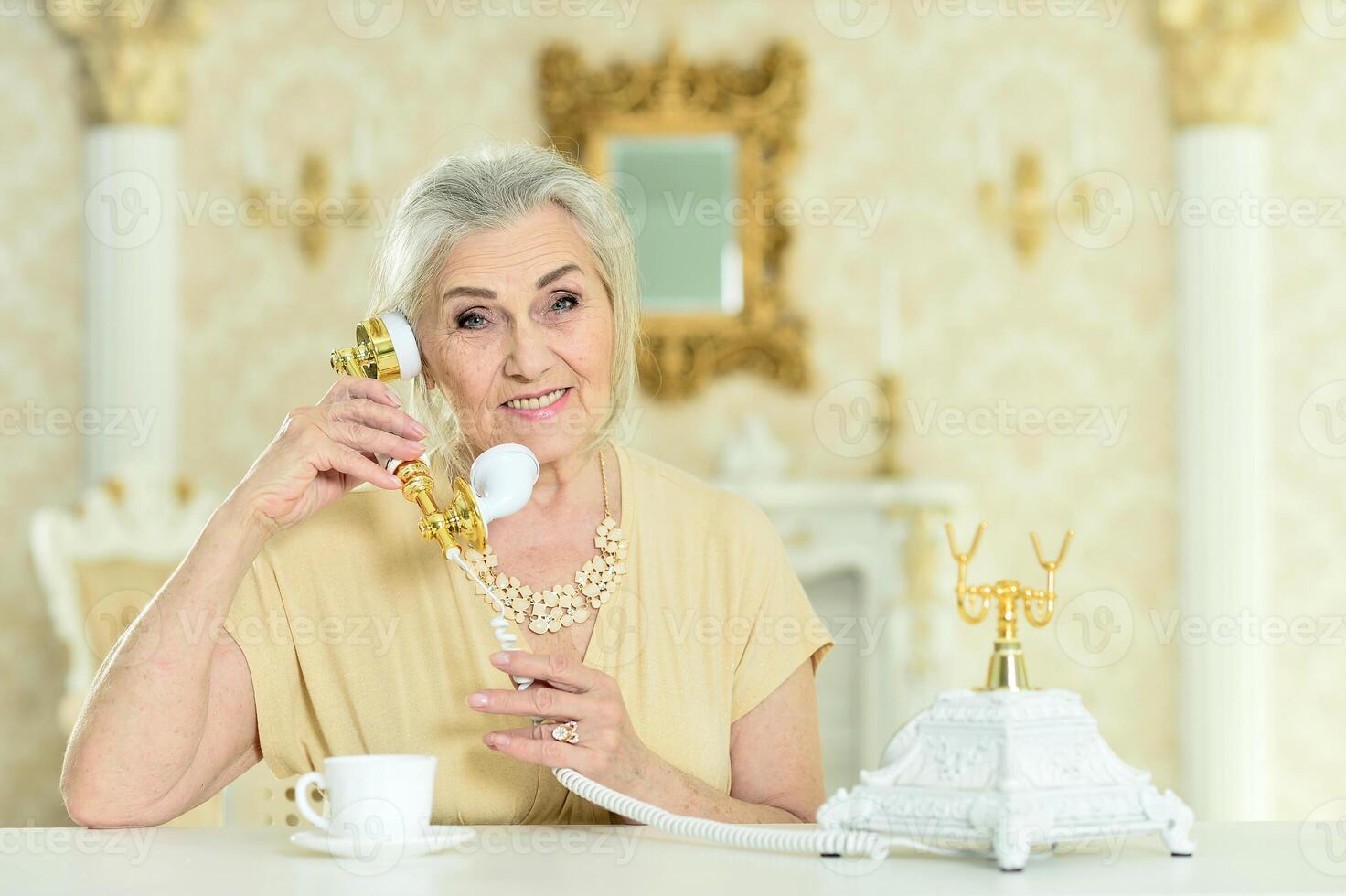 Beautiful elderly woman talking on the phone at home photo