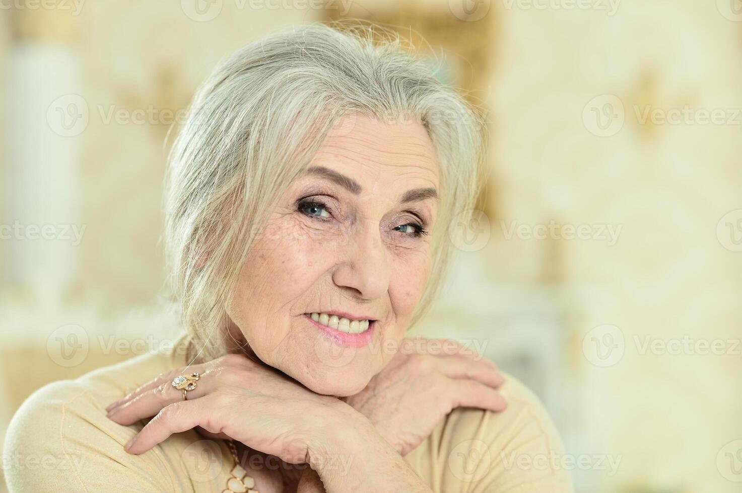 Portrait of smiling senior woman posing at home photo