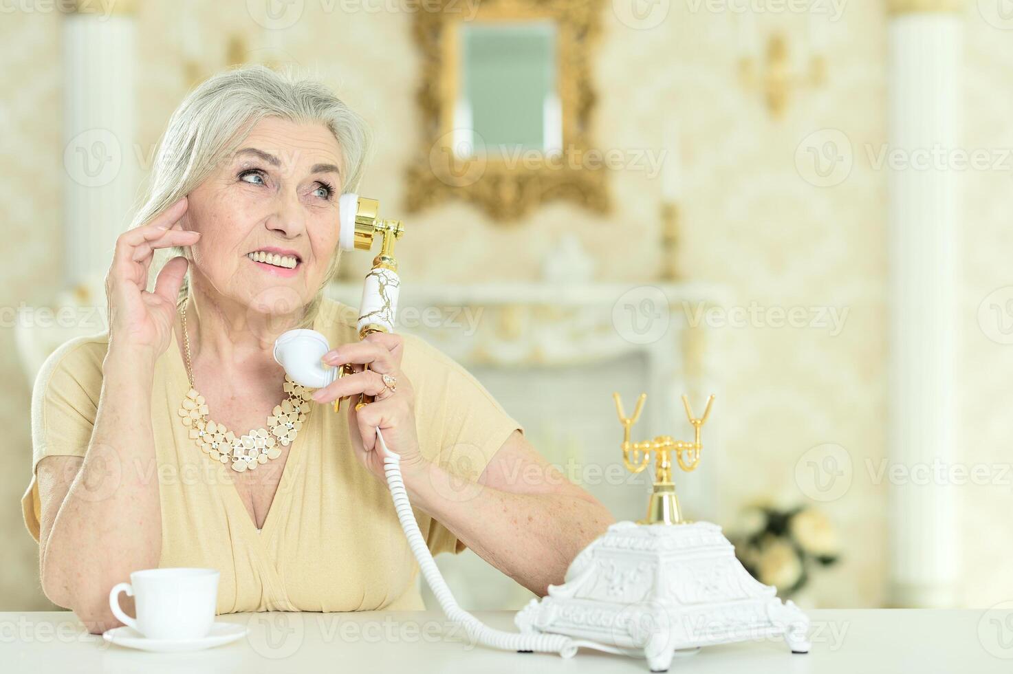 Beautiful elderly woman talking on the phone at home photo