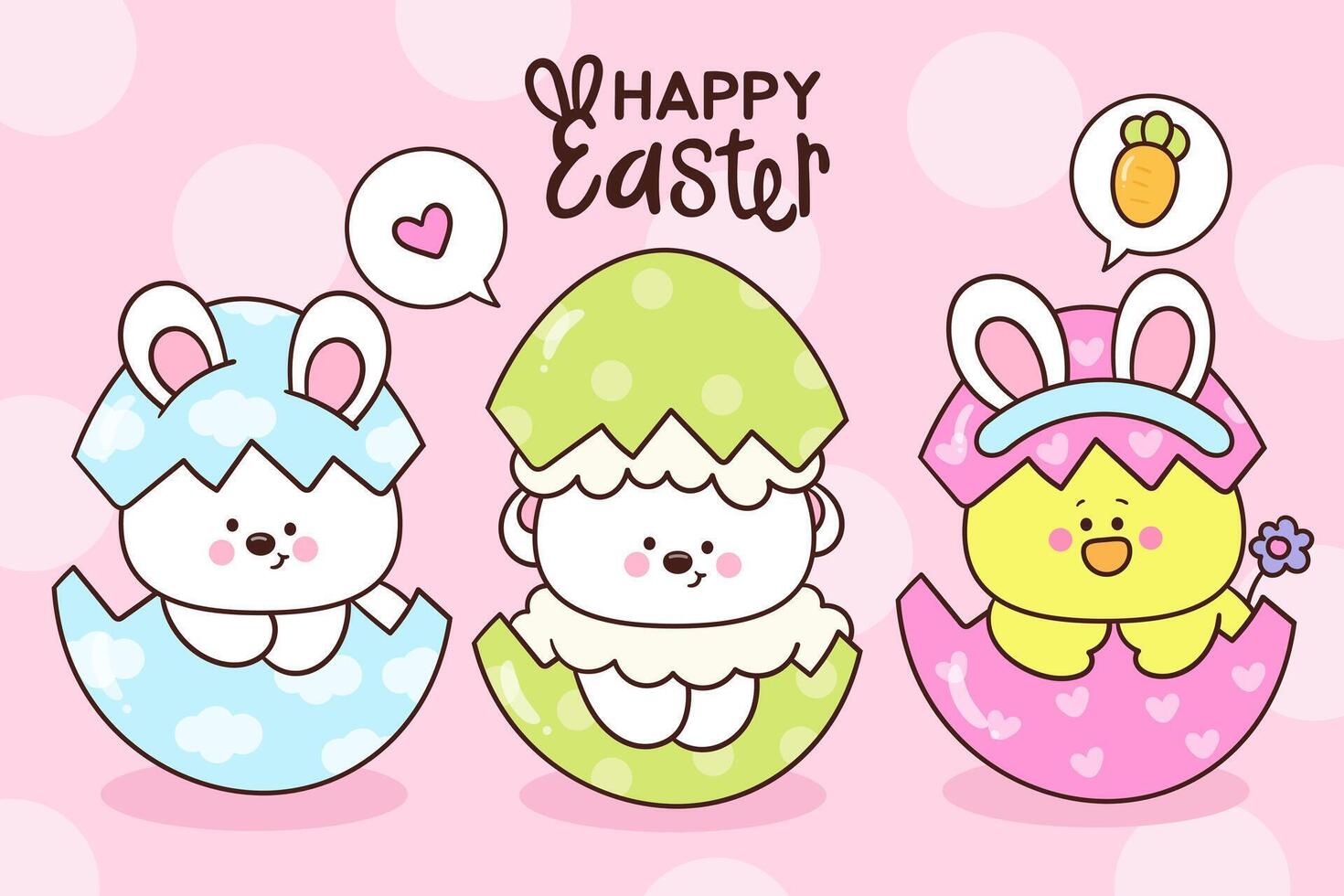 Easter animals sheep rabbit bunny and chick in egg kawaii cartoon vector