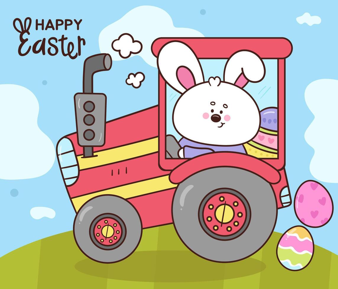 Easter card with bunny in tractor kawaii animal cute character cartoon vector