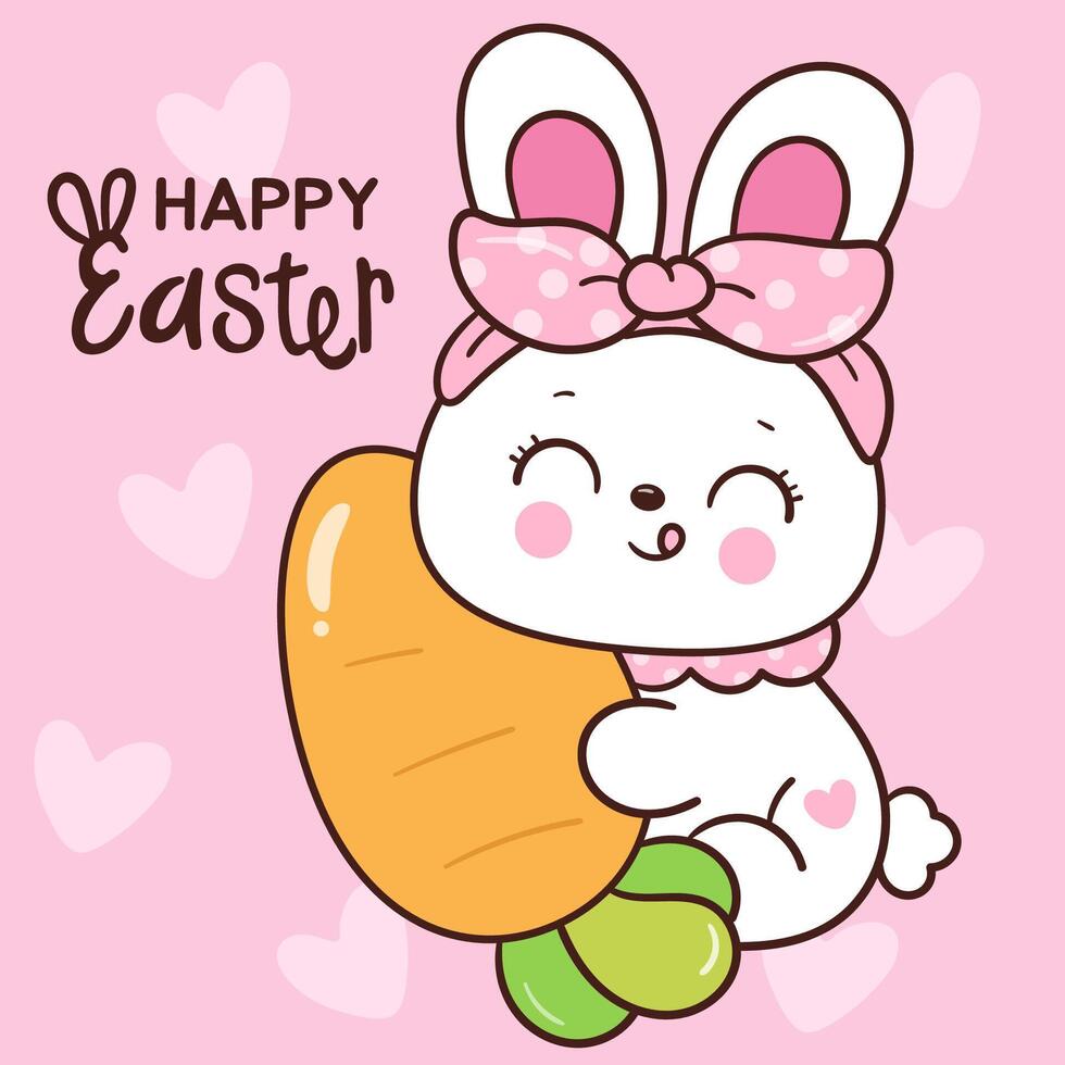 Easter card with bunny hug carrot kawaii animal cute character cartoon vector