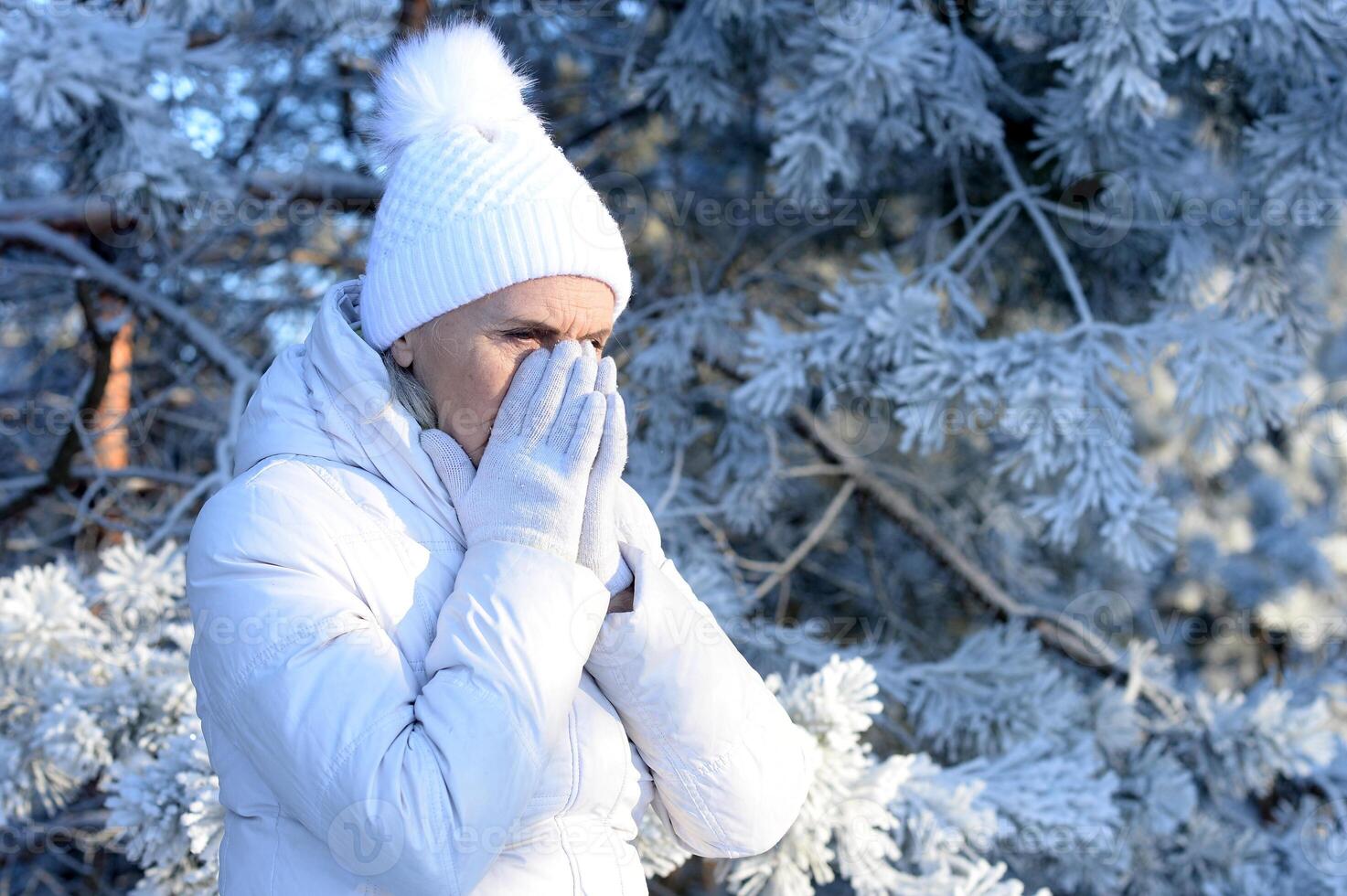 Beautiful elderly woman posing in a snowy winter park photo