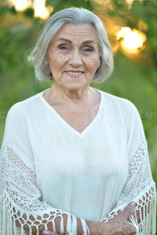 Portrait of a beautiful elderly woman in the park photo