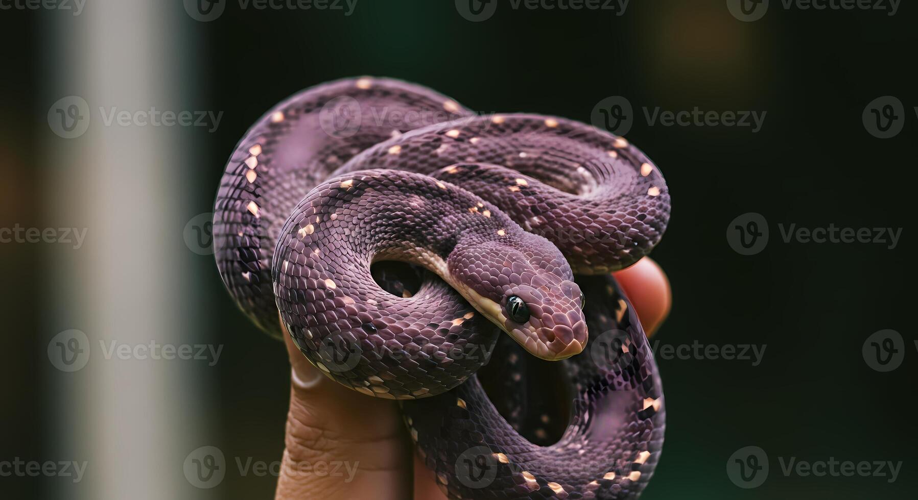 A purple snake is being held in someone's hand photo