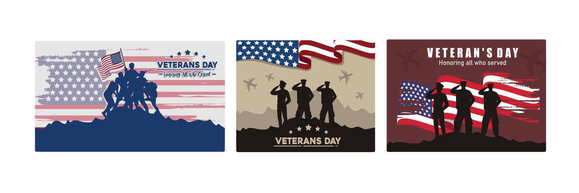 PrintVeterans Day with silhouettes of soldiers saluting. Honoring all who have served. vector