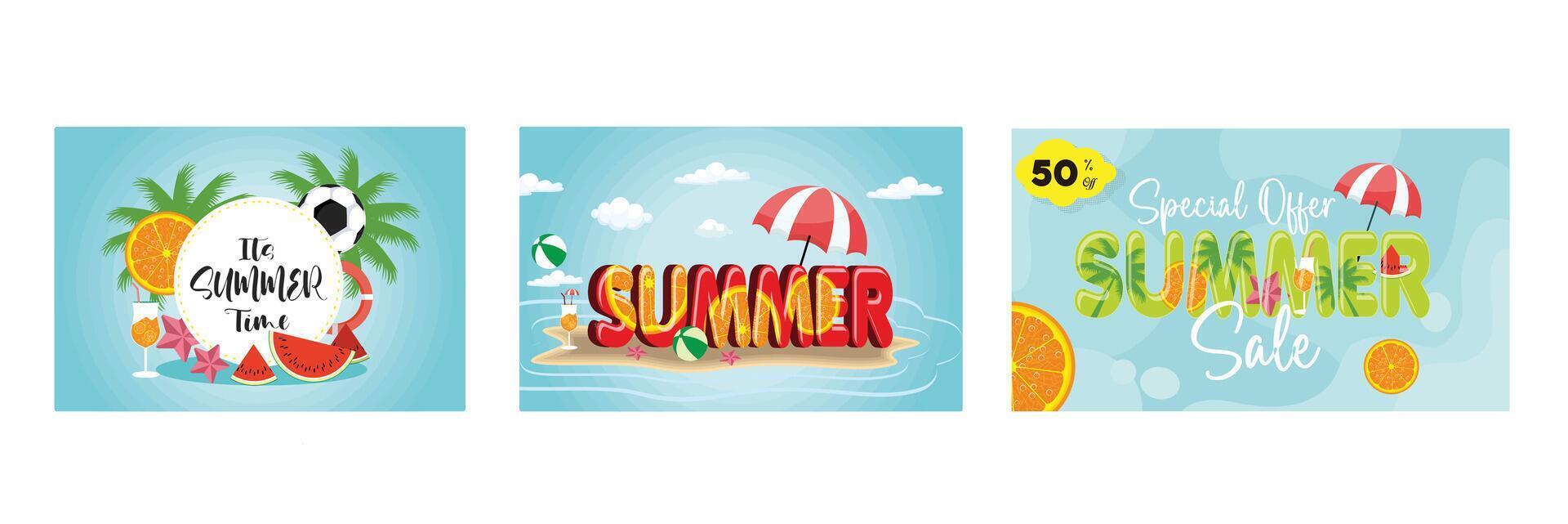 Summer with an island in the middle of the sea and beach umbrellas. vector