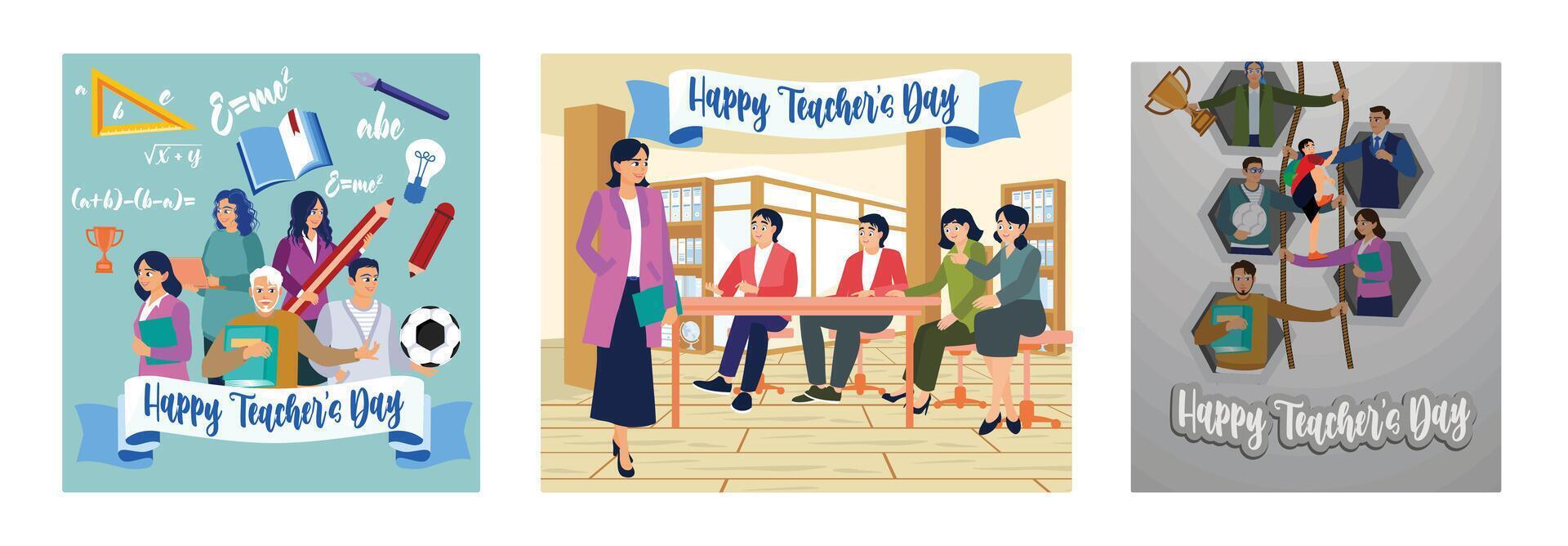 Happy Teacher's Day. A female teacher stands in front of the class. vector