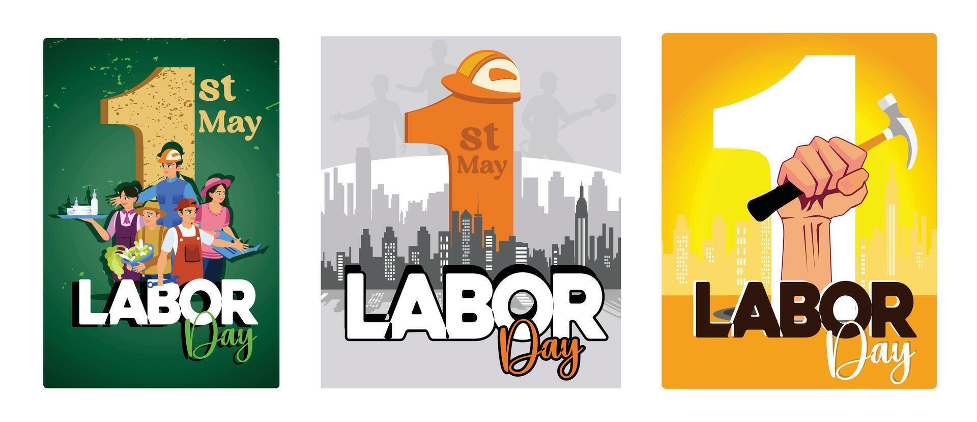 A group of people celebrate Labor Day against the backdrop of urban buildings. vector