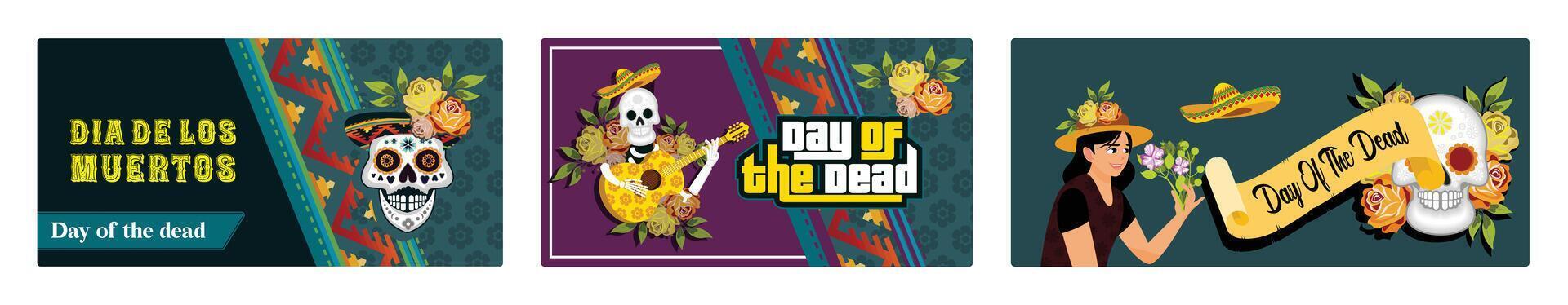 Day of the Dead celebrations feature human skulls wearing sombreros and playing guitars. vector