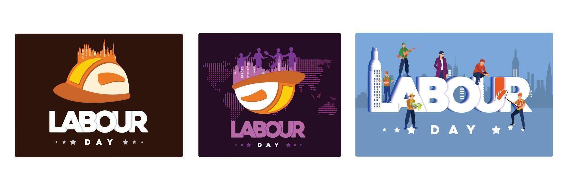 Labor Day celebrations feature safety helmets and workers. vector