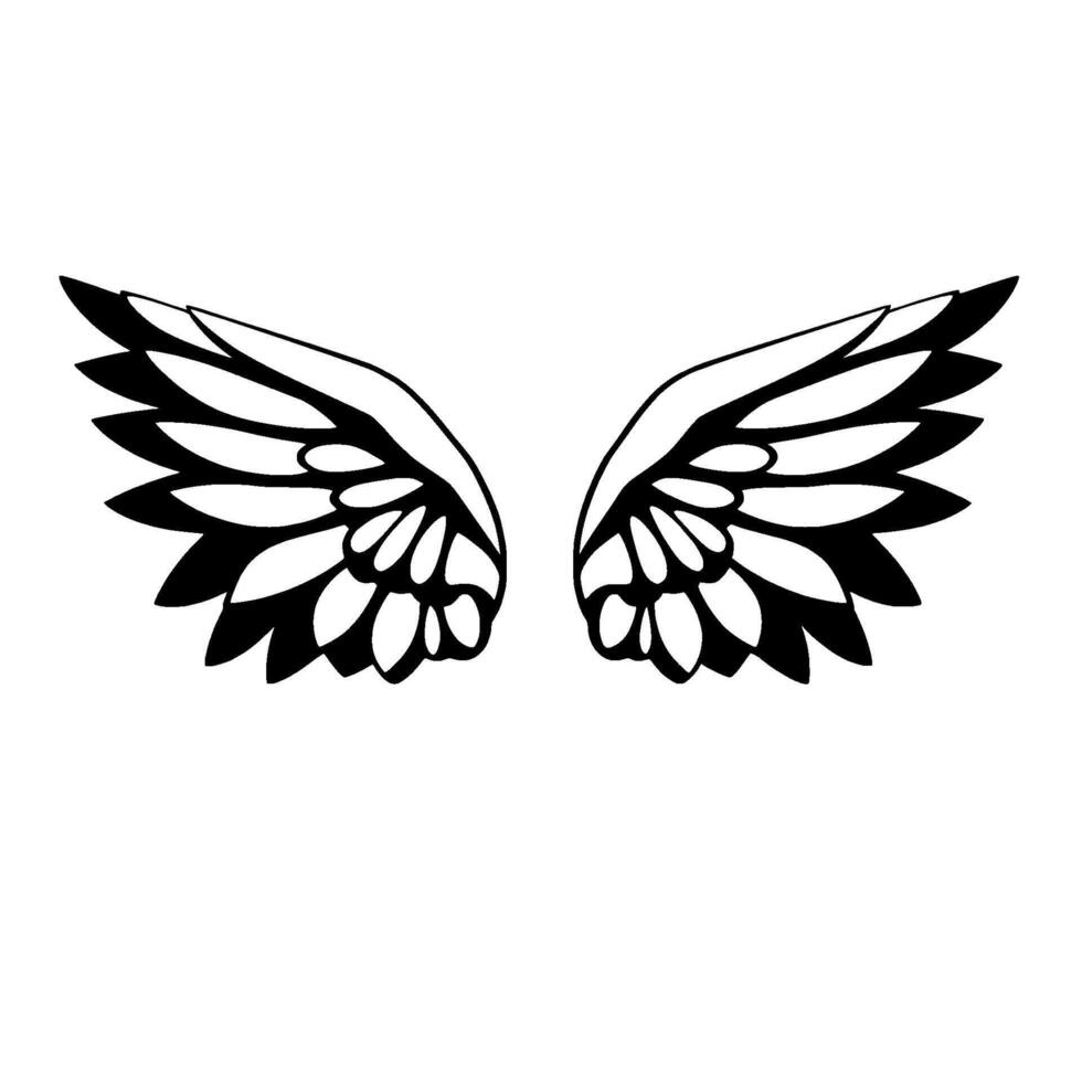 Symmetrical Black and White Illustration of Angel Wings, Isolated on White Background, Detailed Feather . vector