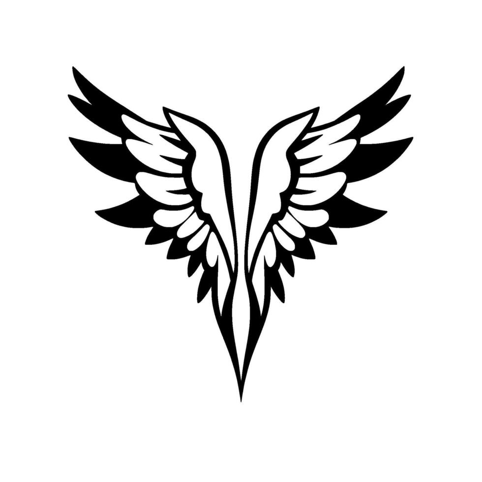 Symmetric Black and White Angel Wings with a Sharp Bottom Point, Isolated on White Background, Detailed Feather Texture. vector