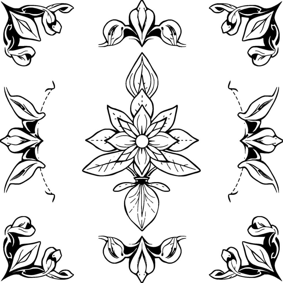 Intricate Black White Floral Ornament Featuring Symmetrical Central Flower with Corner Border Elements on White Background. vector