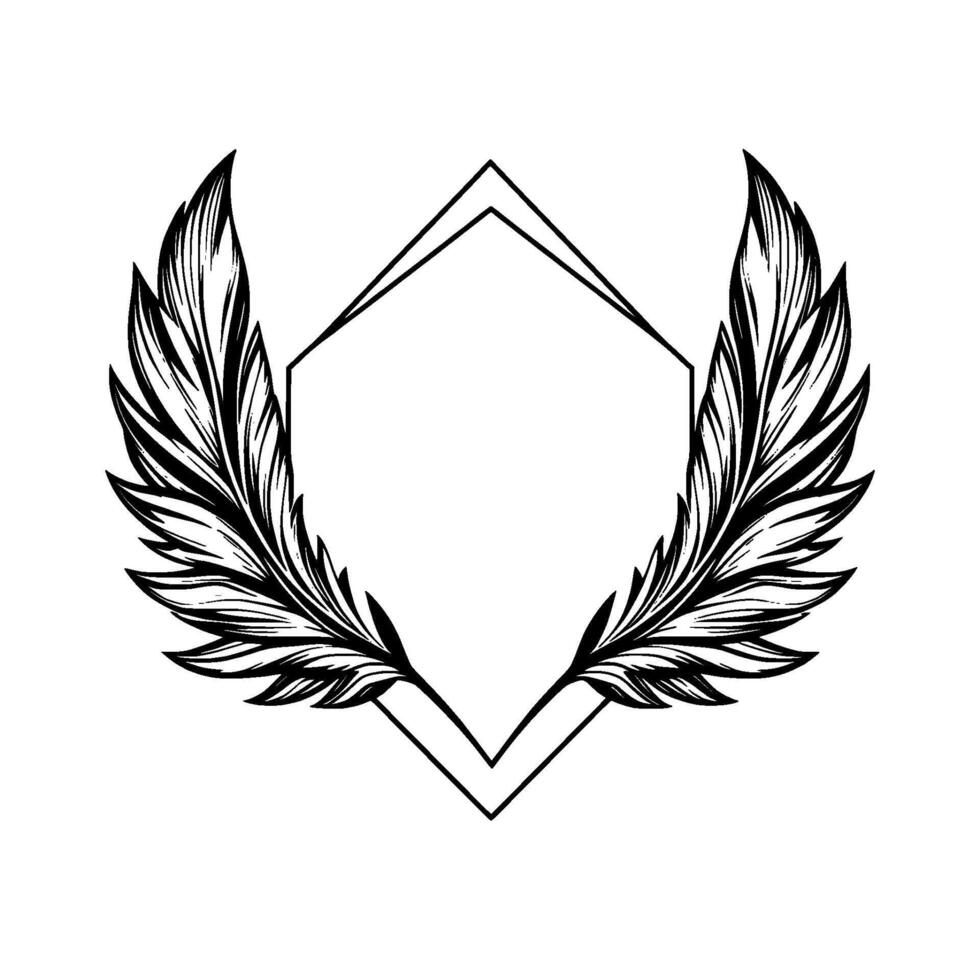 Detailed black ink illustration of symmetrical feather wings flanking a geometric pentagon frame on a clean white background. vector