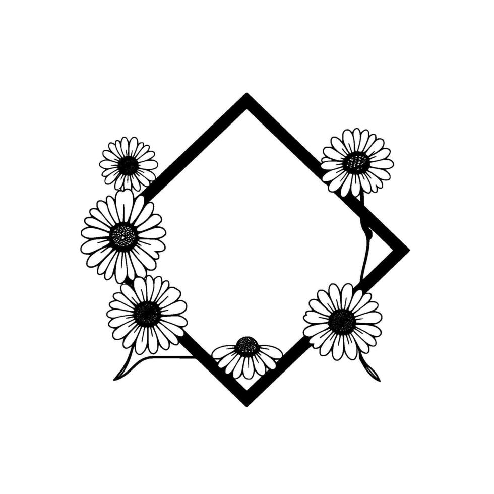 Detailed line art illustration Daisies encircling a bold, diamondshaped frame, evoking a delicate, minimalist aesthetic. vector