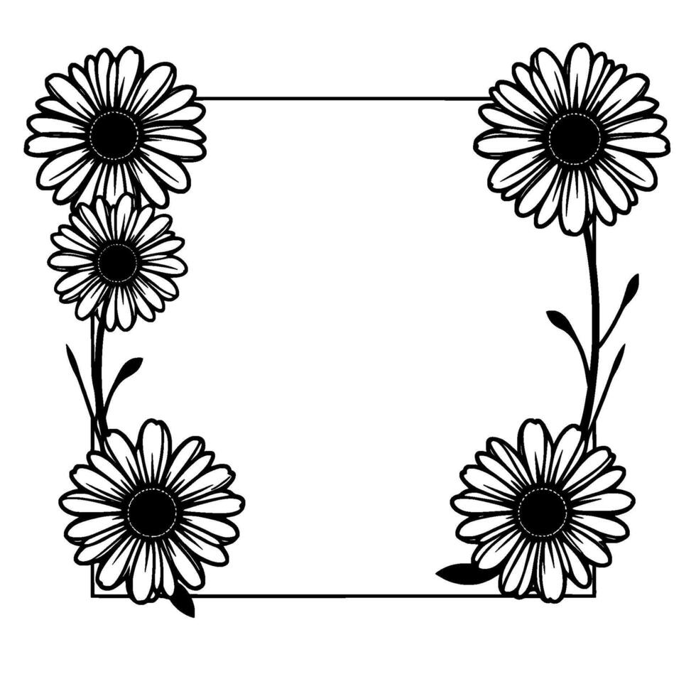 Elegant black and white daisy frame illustration with minimalist , highlighting floral symmetry and delicate linework. vector