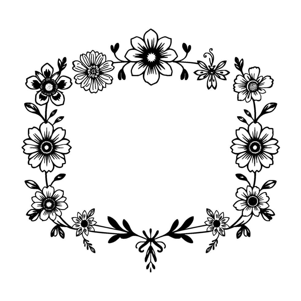 Black and white floral frame with various flower types, surrounding an empty rectangular space on a white background. vector