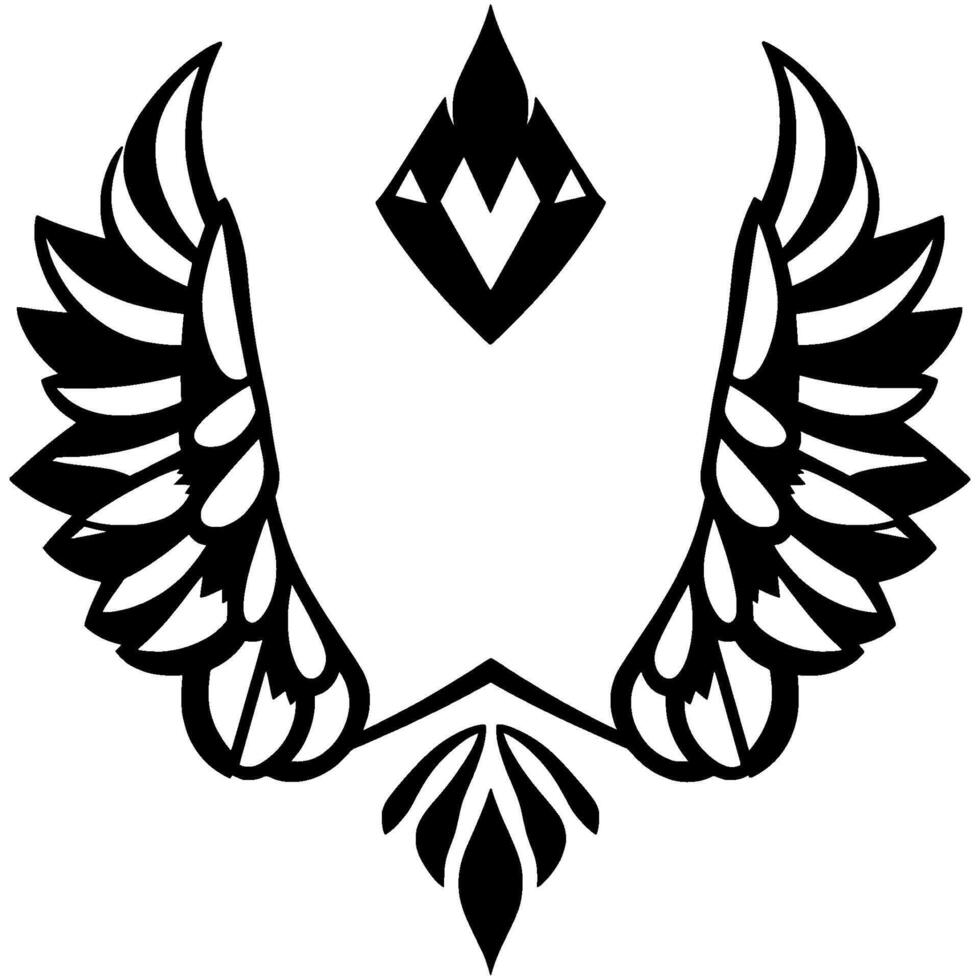 Symmetrical Black and White Emblem Featuring Wings, Diamond, and Floral Elements, Symbolic on White Background. vector