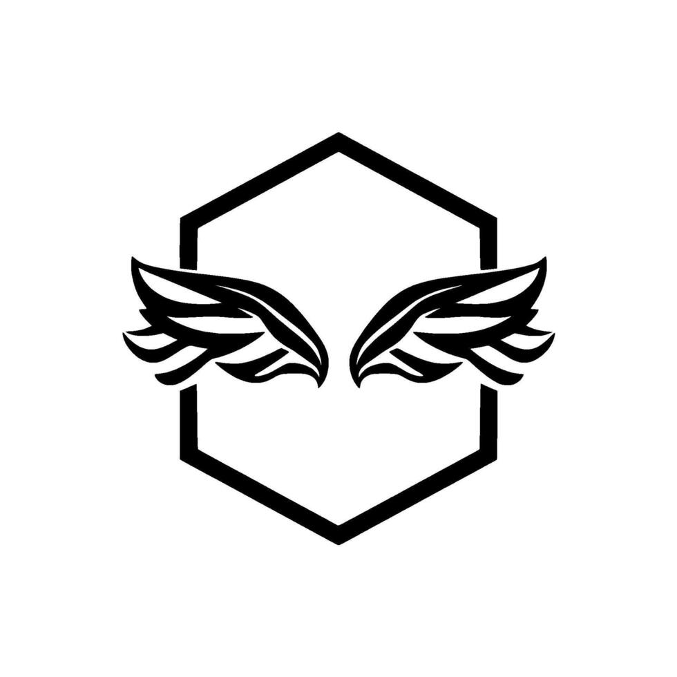Black and white illustration of stylized angel wings inside a geometric hexagon frame, symbol of freedom. vector