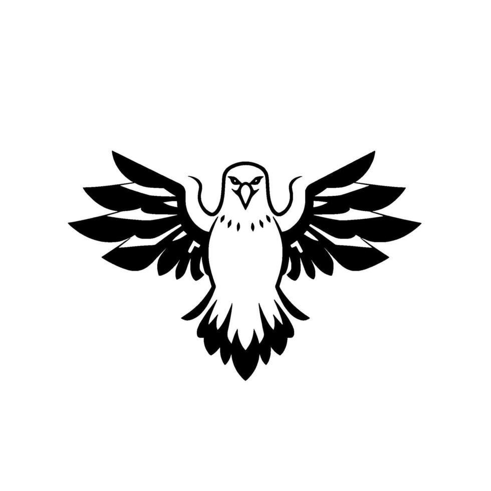 A striking, symmetrical black and white illustration of a bird of prey, featuring spread wings and a minimalist aesthetic. vector