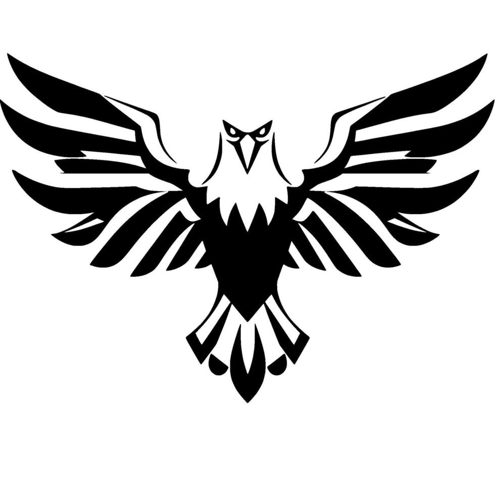 Bold, symmetrical, black and white illustration of an eagle in flight, wings spread wide, stylized on a white background. vector