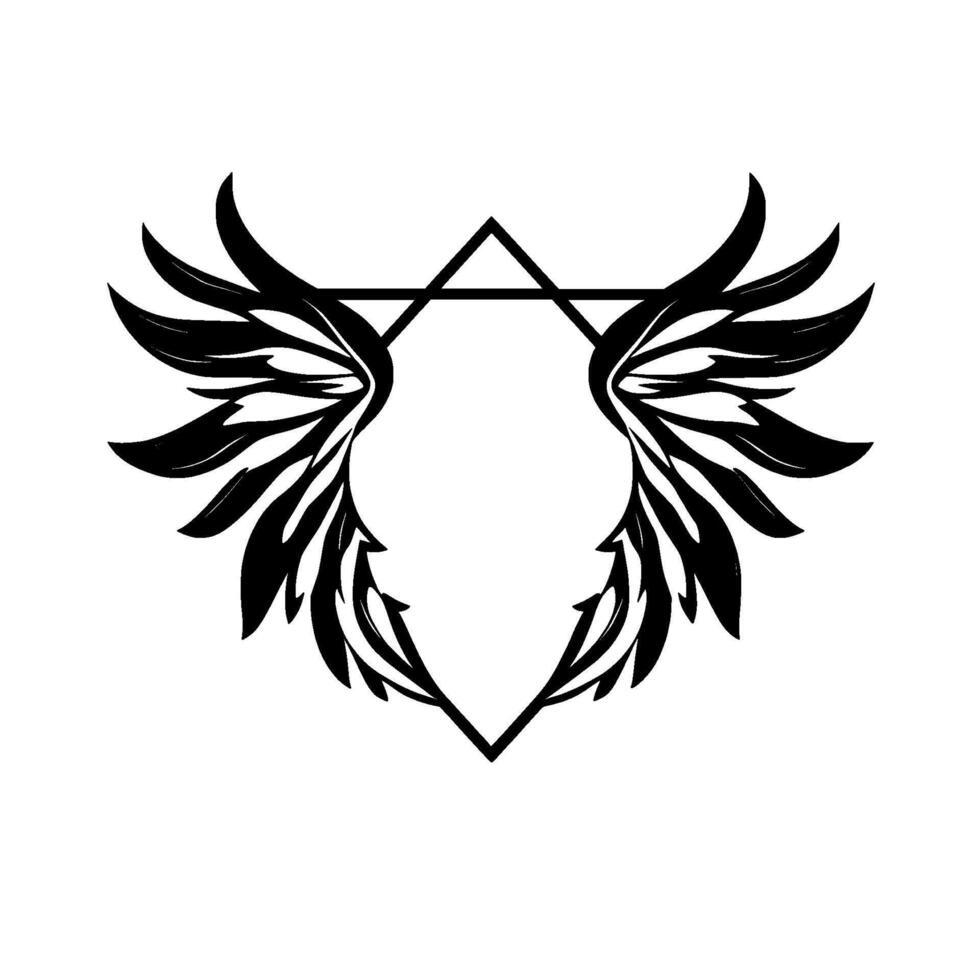 Symmetrical Black Winged Emblem with Geometric Shape and Feathered Details, on a white background. vector