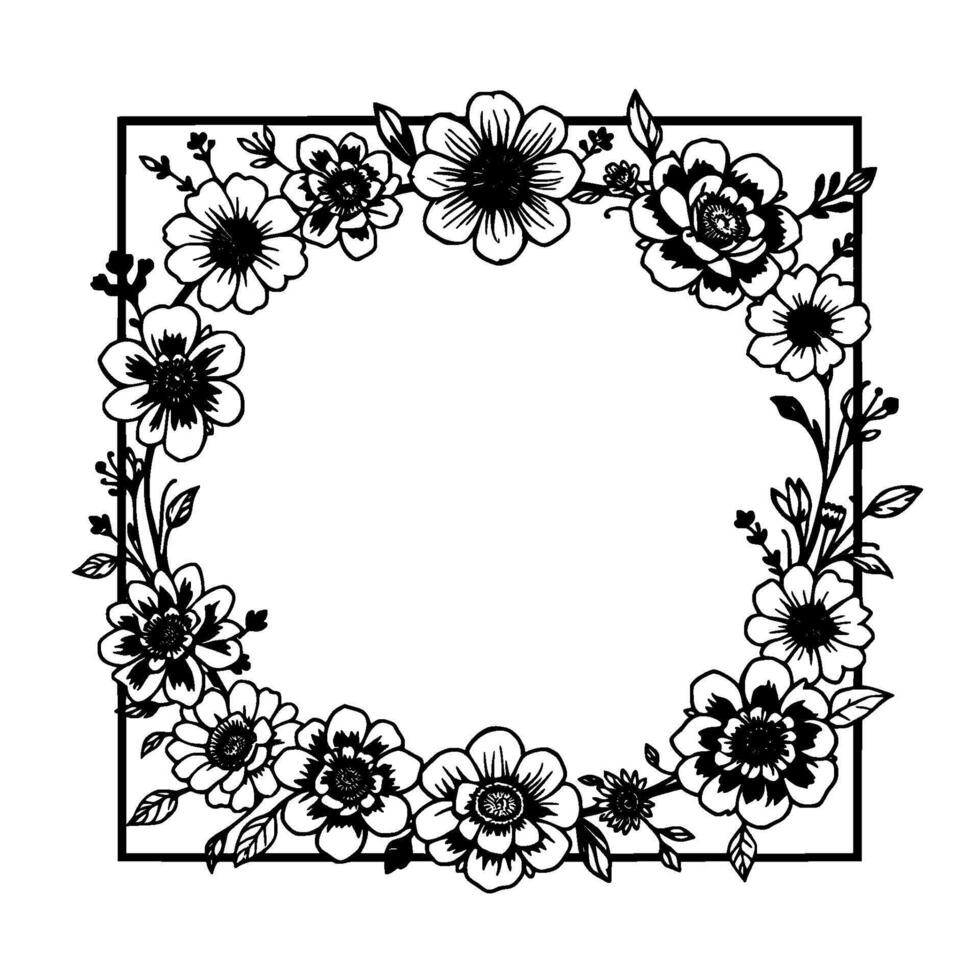 Exquisite Floral Square Frame Intricate Black and White Illustration of a Botanical Border for Elegant Designs. vector