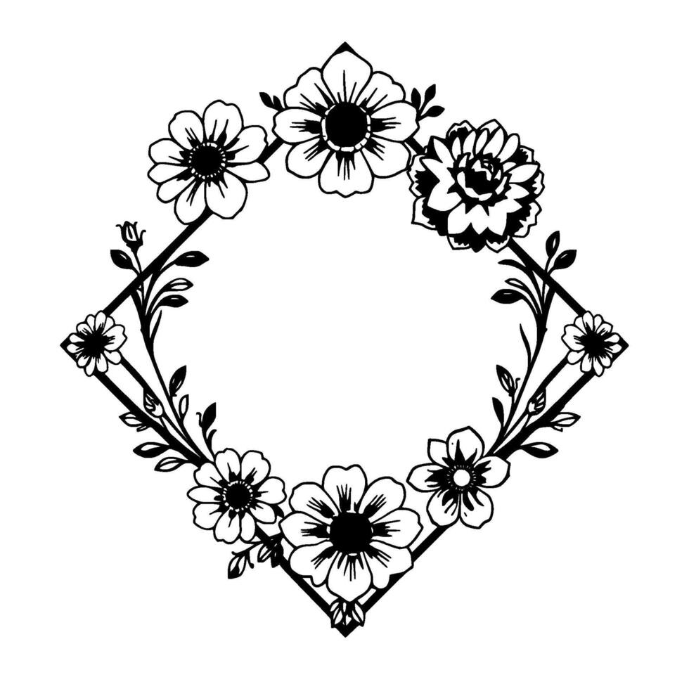 Black and White Floral Frame DiamondShaped Border with Diverse Blossoms and Delicate Foliage. vector