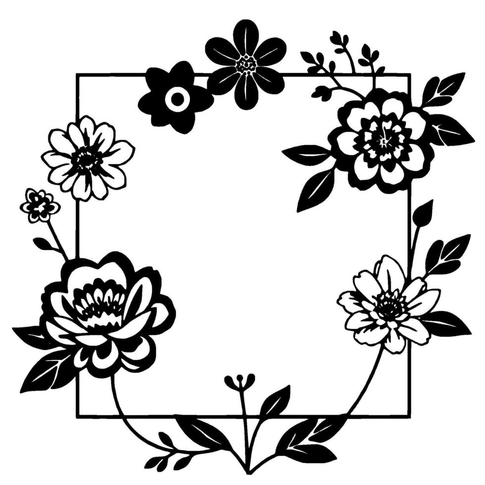 Black and White Floral Frame Artistic Composition of stylized Flowers and Leaves Bordering a Square. vector