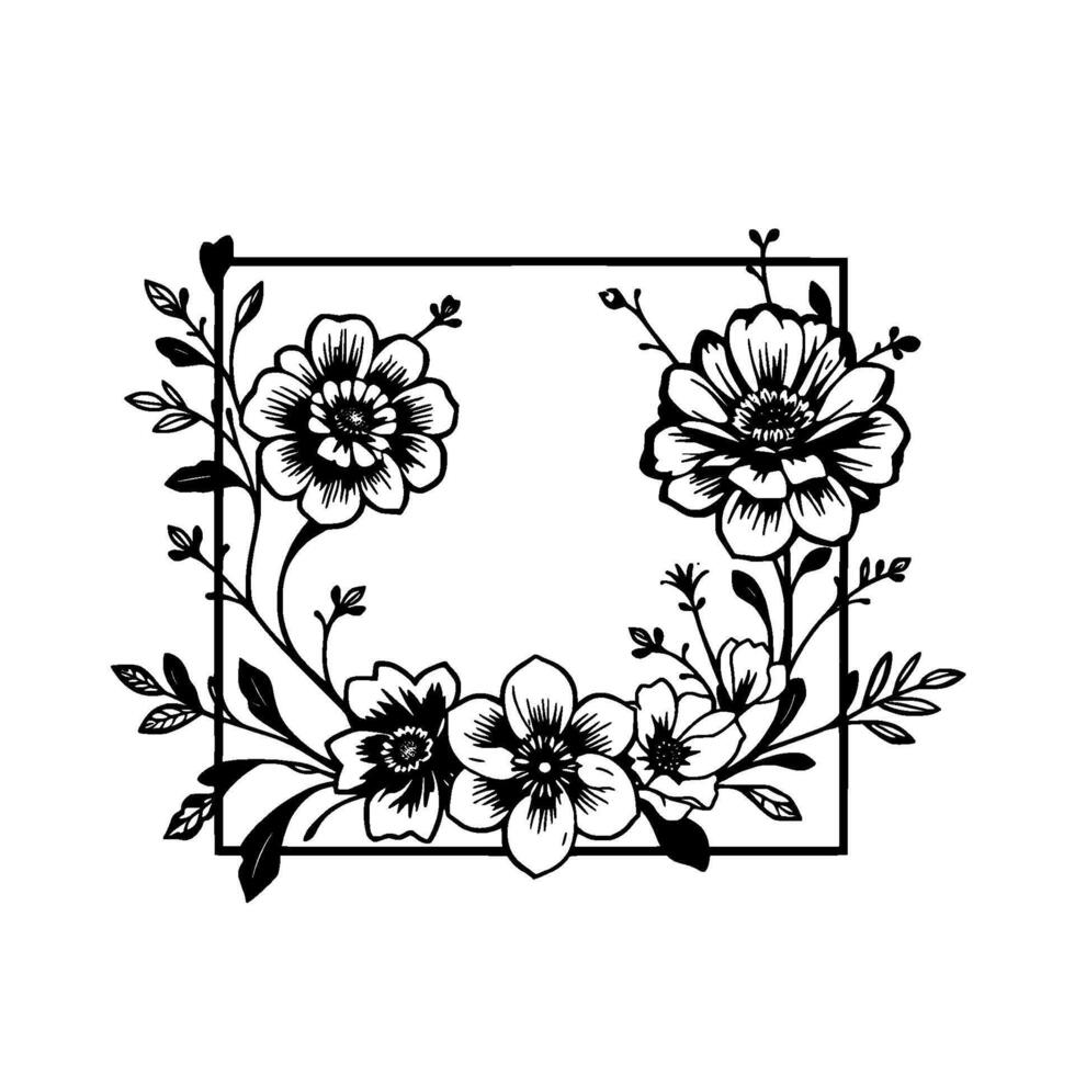 Black and white floral square frame illustration, featuring stylized blossoms and leafy vines around a central empty space, evoking simplicity and elegance. vector