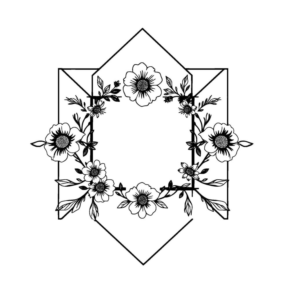 Minimalist Floral Geometric Black and White Illustration of a Flower Wreath Within Abstract Frames. vector