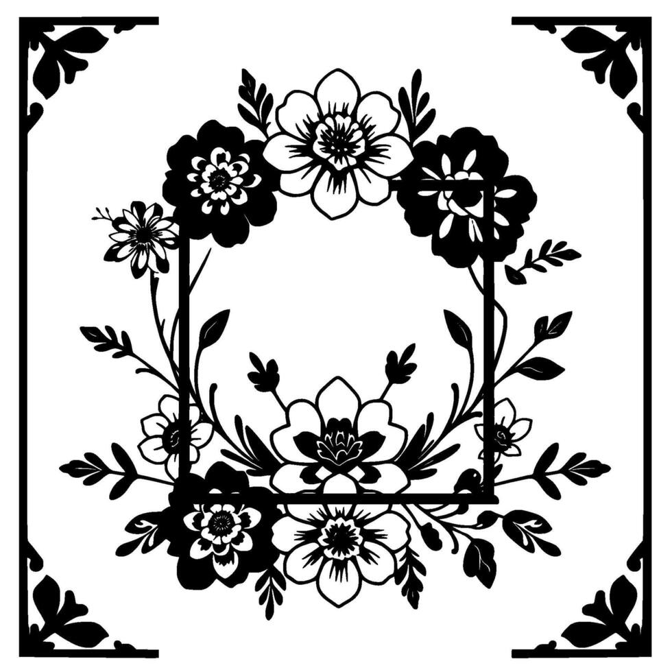 Black and White Floral Border with Square Frame and Decorative Corner Elements, Minimalist . vector