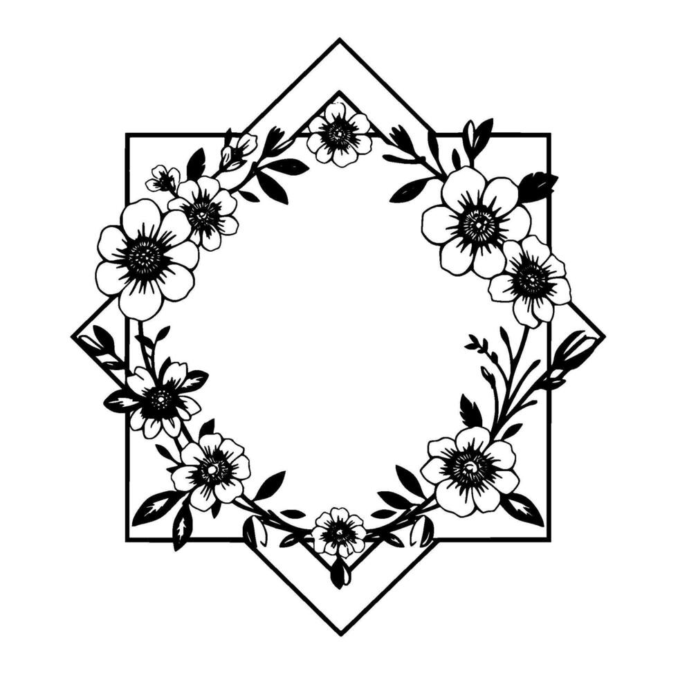 Geometric floral wreath in monochrome style, a delicate botanical frame with blossoms, leaves and black lines. vector