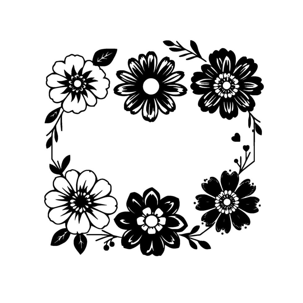 Elegant Floral Frame Black and White Arrangement of Flowers, Leaves, and Hearts in a Geometric Border. vector